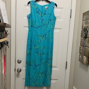 Sheri Martin Linen Blend Turquoise Maxi Dress with Leaf Design Size 10